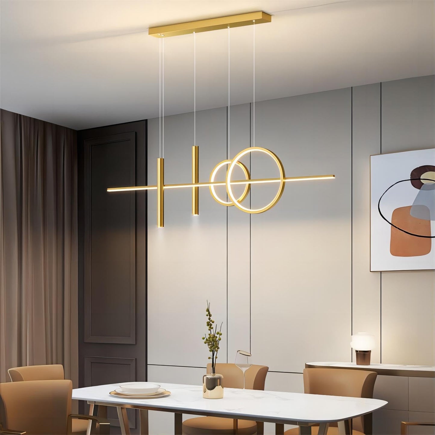 Generic LED Island Light, 5 Lights, Remote Control, Dimmable, 39.4 Inch, Iron/Acrylic/Silicone, All Gold, Model DD050702