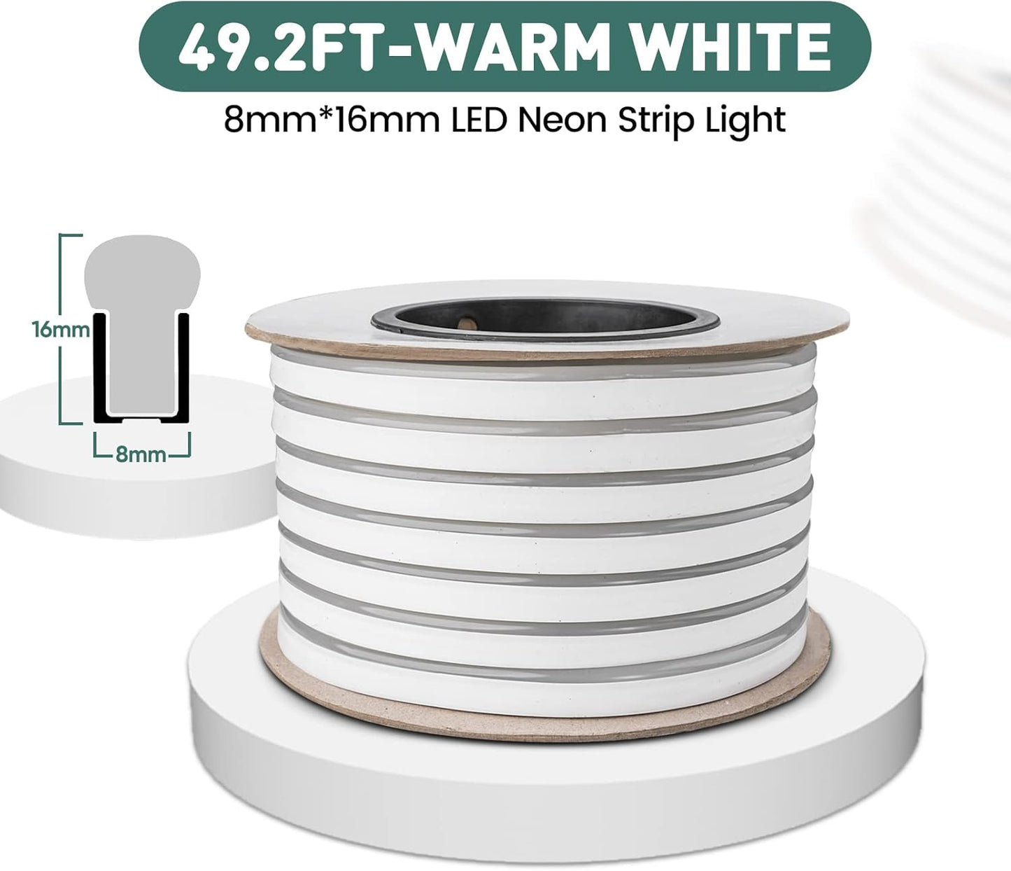 GZBtech Flexible LED Neon Rope Lights 50FT,AC 110-120V Waterproof Strip Light, 120 LEDs/M Cuttable Connectable Neon Lighting for Indoor Outdoor Home Decor/Commercial Building Use-Warm White 15M