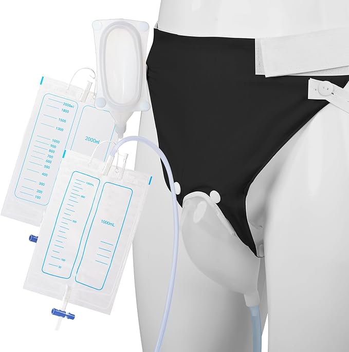 Wearable Urine Collector Set for Men with Silicone Urine Catching Cup Fixed Pants 1.2M Tube and 2 Urine Bags 1000ml Day Us...