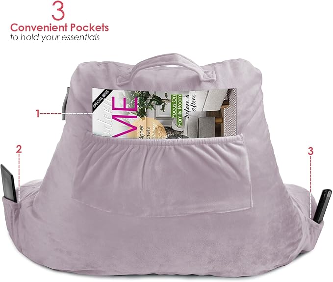Nestl Reading Pillow Standard Bed Pillow, Back Pillow for Sitting in Bed Shredded Memory Foam Chair Pillow, Reading & Bed Rest Pillows Dusty Purple Back Pillow for Bed Chair Arm Pillow with Pockets