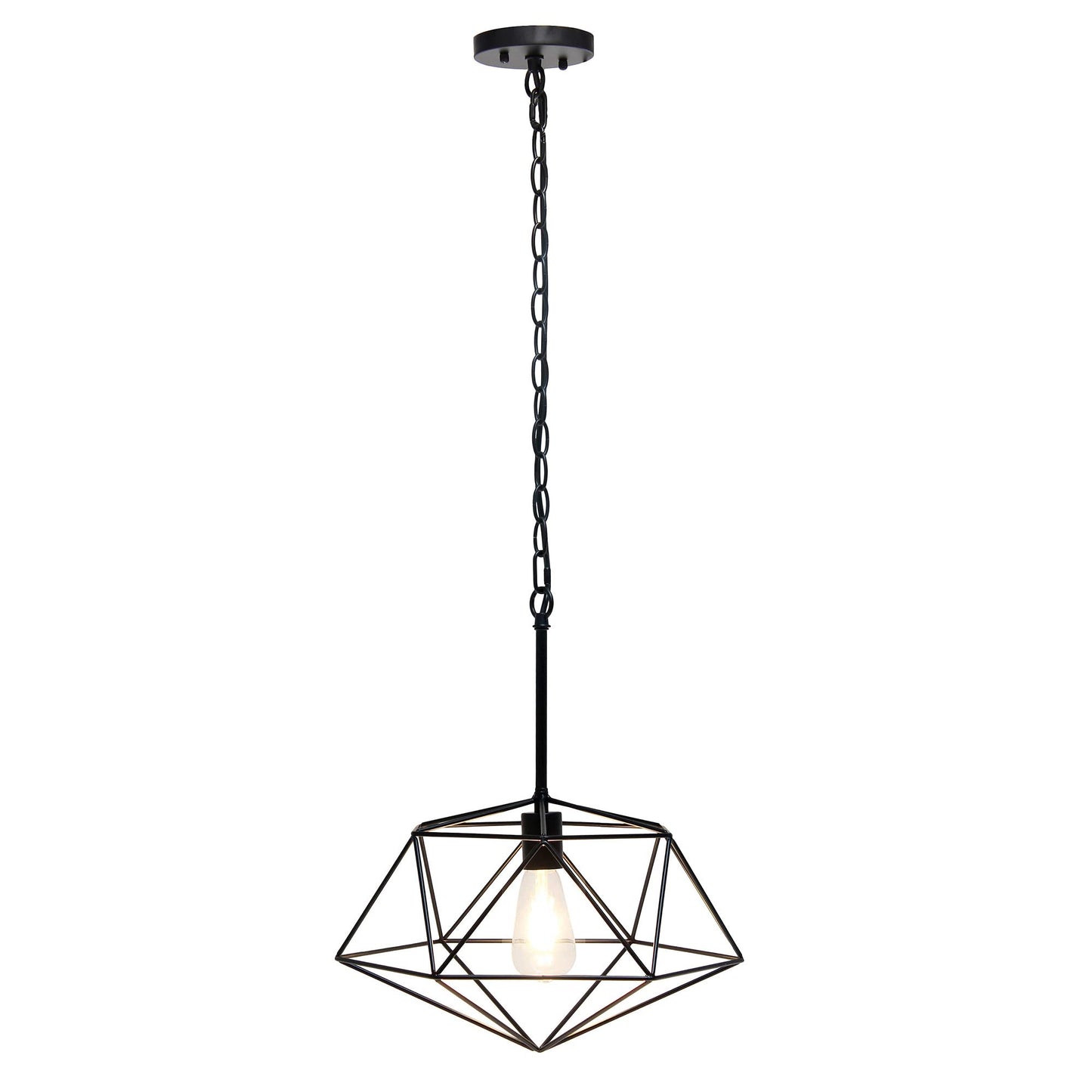 Elegant Designs PT1011-BLK 16in Geometric Diamond Pendant Light Fixture, Black, Iron, Industrial Metal Wire Cage