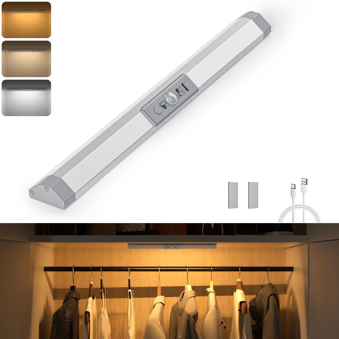 Wobane Led Closet Lights Motion Sensor With Eye-Protection Rechargeable Wardrobe Lighting With 3 Color Dimmable Battery Operated Light Indoor For Bed Shelf Drawers   Safe 900Mah 1Pcs