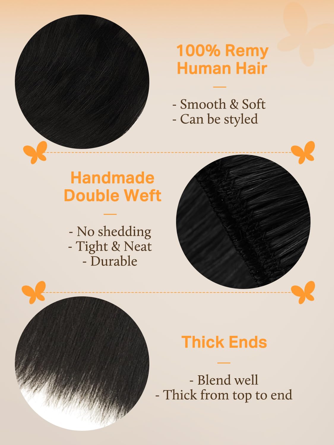 DOORES Sew in Hair Extensions Real Human Hair, 14 Inch Natural Black, Sew in Weft Extensions Hand Tied Long Straight 100g
