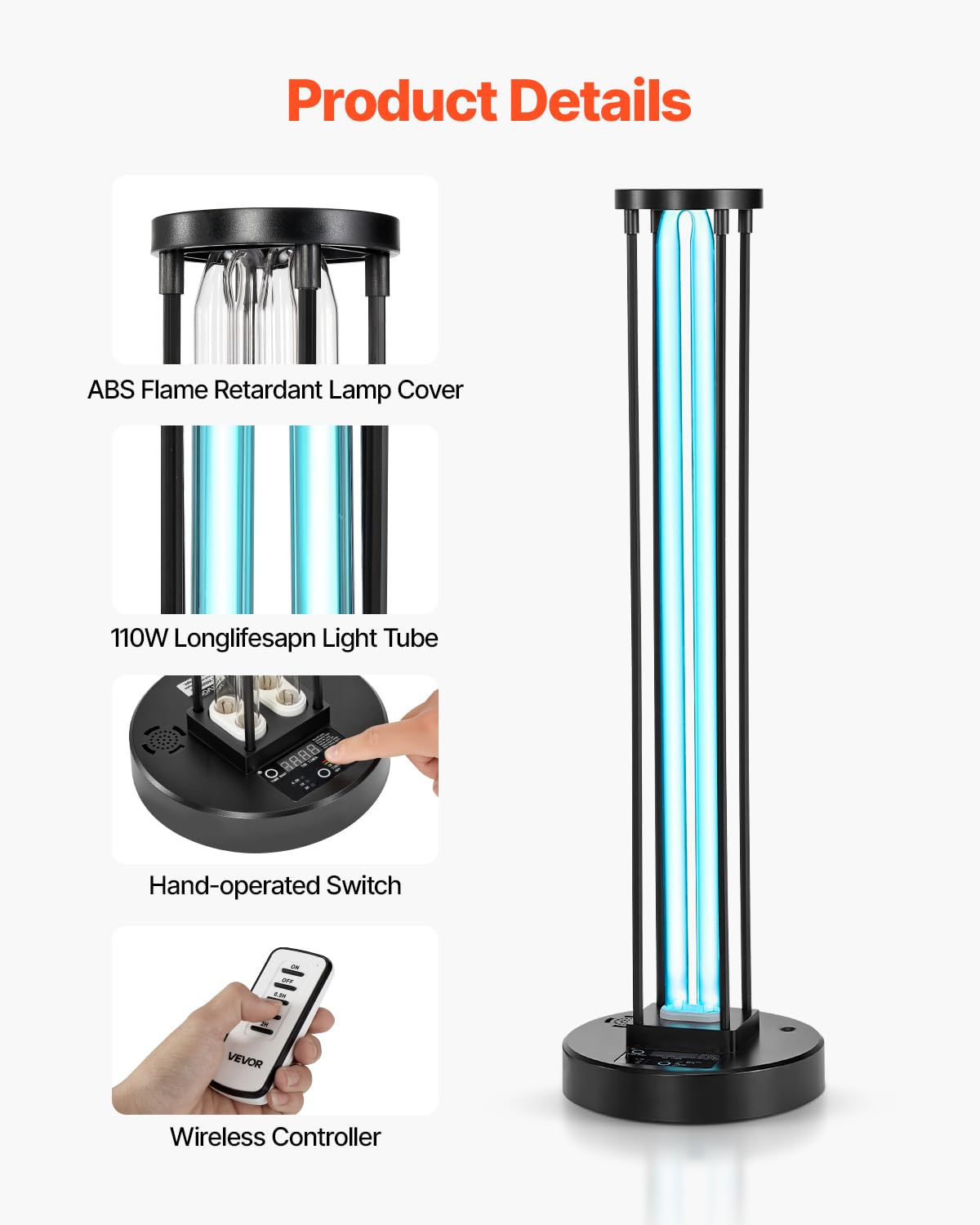 VEVOR UV Light 55W Ultraviolet Lamp with Ozone Purifier, 30/60/120 Min Timer, Remote Control, Black, Model US-007/55W