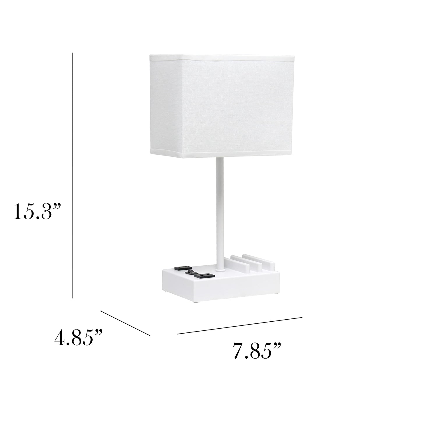 Simple Designs LT1110-WOW Bedside Table Desk Lamp with 2 USB Ports, 15.3in Tall, White Fabric Shade, White Base, Plastic