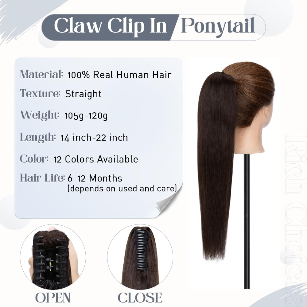 Rich Choices Claw Clip Ponytail Extension Human Hair Real Hair Ponytail Extension Balayage Dark Brown 16 Inch 105g One Piece Cli