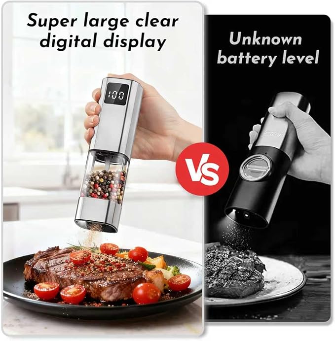 Upgraded Larger Capacity Electric Salt and Pepper Grinder Set Rechargeable with Digital Display, Light & Ceramic Core, Adjustable Coarseness, Stainless Steel Material 2 PACK