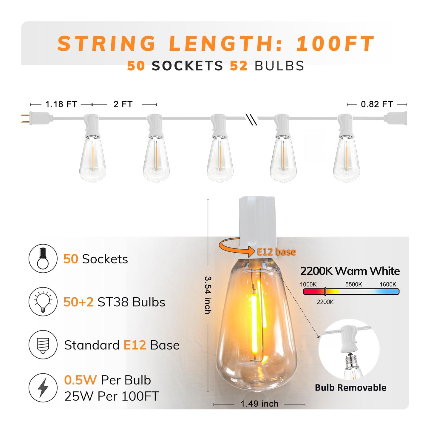 Achin Outdoor String Lights 100FT LED Waterproof 50+2 Shatterproof Bulbs 2200K White Cord Model OTS100050-TX20W0-ST38SR122