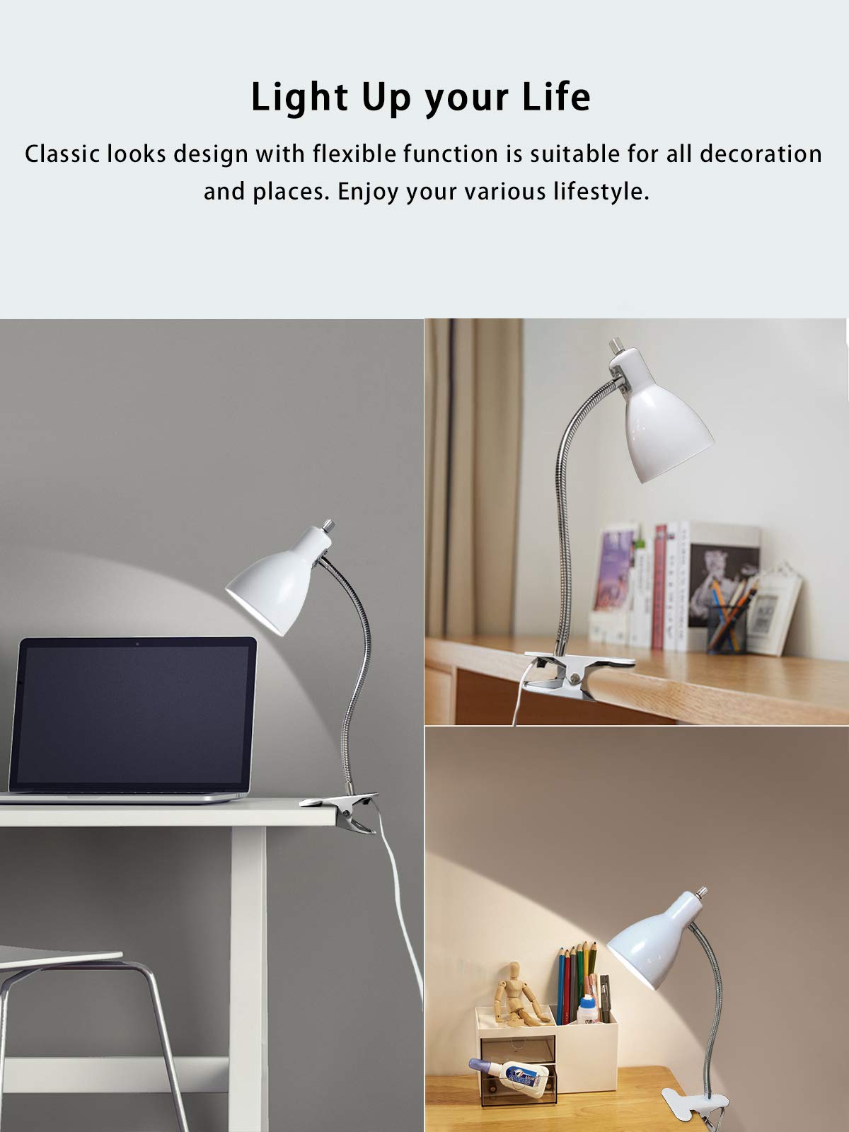 Lalisu Desk Lamp - Eye-Caring Portable Gooseneck Clip Light, White, Model Lalitb004