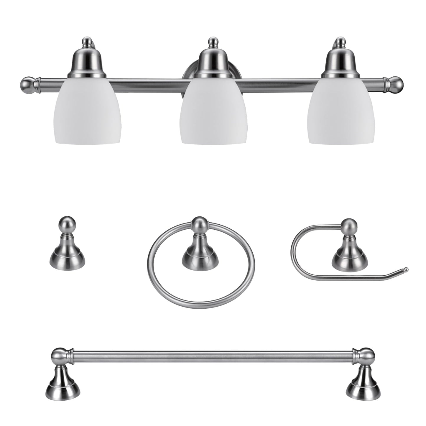 Globe Electric 51229 Jayden 5-Piece Bathroom Set, Satin Nickel, 3-Light Vanity, Glass Shades, 9.84 inches