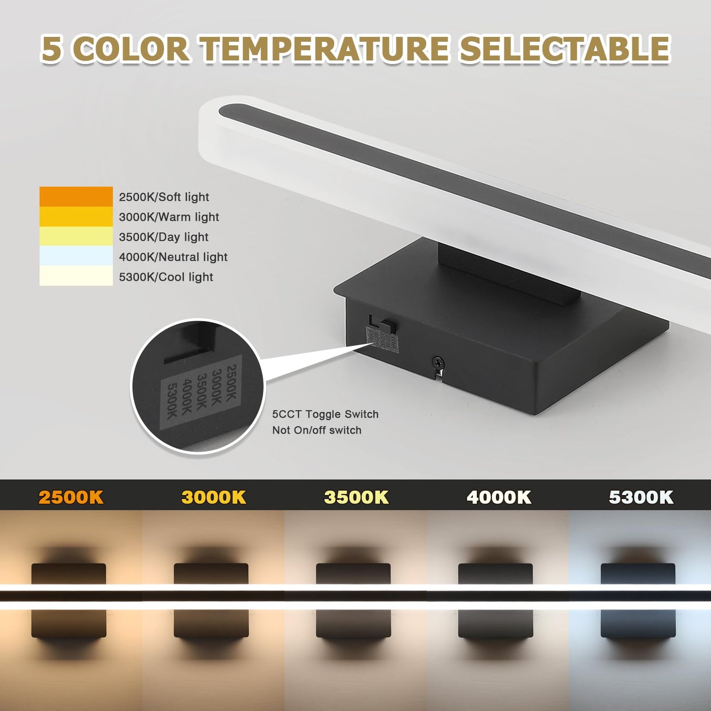 Joosenhouse Modern LED Bathroom Vanity Light Bar, 15.7-Inch, 16W, Dimmable, Black, Hardwired, Model 9872