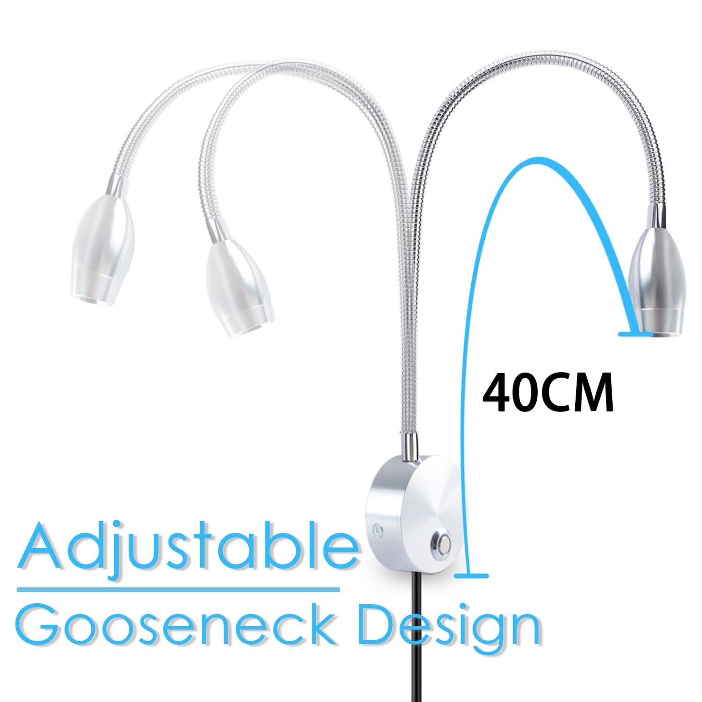 Adust LED Dimmable Wall Mount Reading Light, Adjustable Colour, 3W, Silver, Model RL-2, 1 Pack