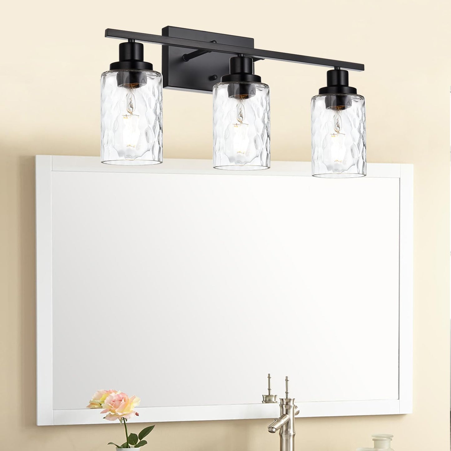 MELUCEE 3-Light Bathroom Vanity Light Fixture, Black Finish, Hammered Glass, Model 450-6W-SN