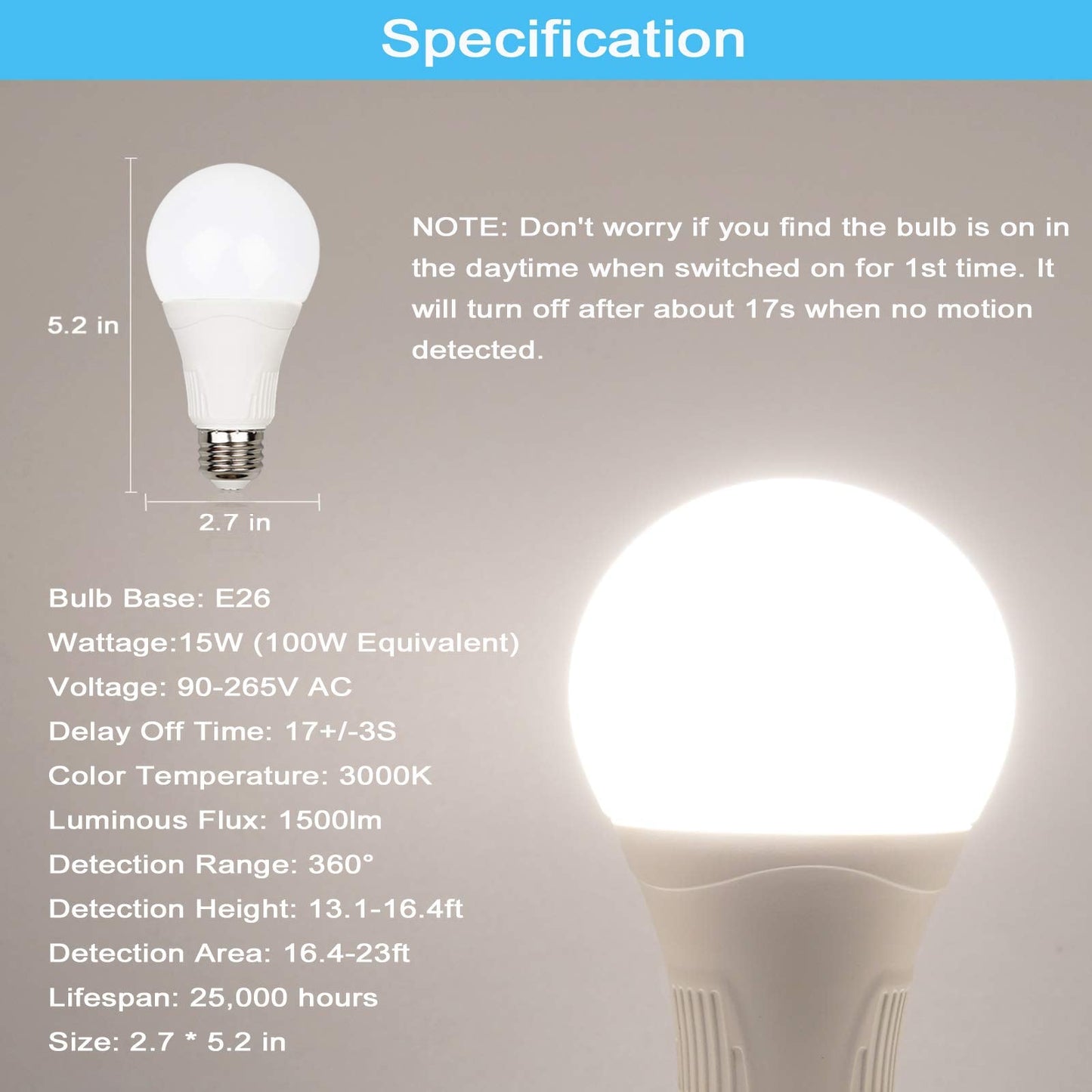 Greenic Motion Sensor Light Bulbs, 15W (100W Equivalent), 1500Lm, Warm White 3000K, Dusk To Dawn, A21 E26, 2 Pack