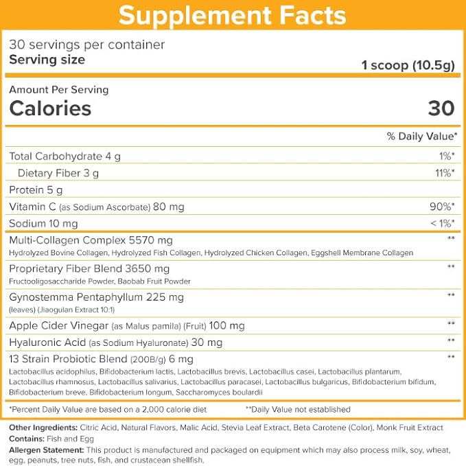 SkinnyFit - Super Youth, Orange Pineapple (28 Servings) - Multi Collagen Peptides Powder - Probiotics, Fiber, Hyaluronic Acid - Collagen for Women - Non GMO, Gluten Free, Sugar Free - Self Care