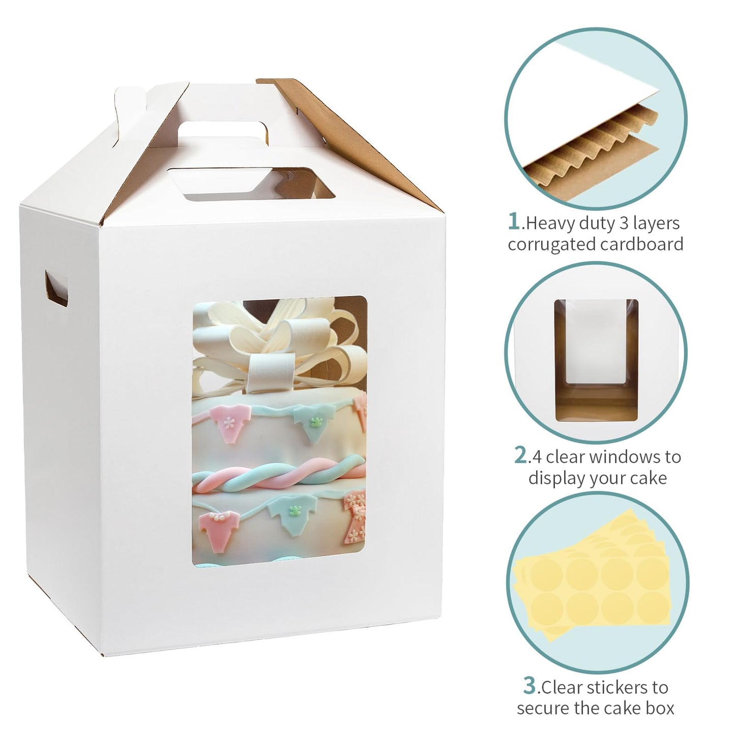 Wowxyz 3 Pack Tall Cake Boxes for Tier Cakes 10x10x12 Inch Disposable Layer Tall Cake Baking with Window Large Tierd Bakery Take Out Transport Containers with Handle for Wedding, Birthday, Party