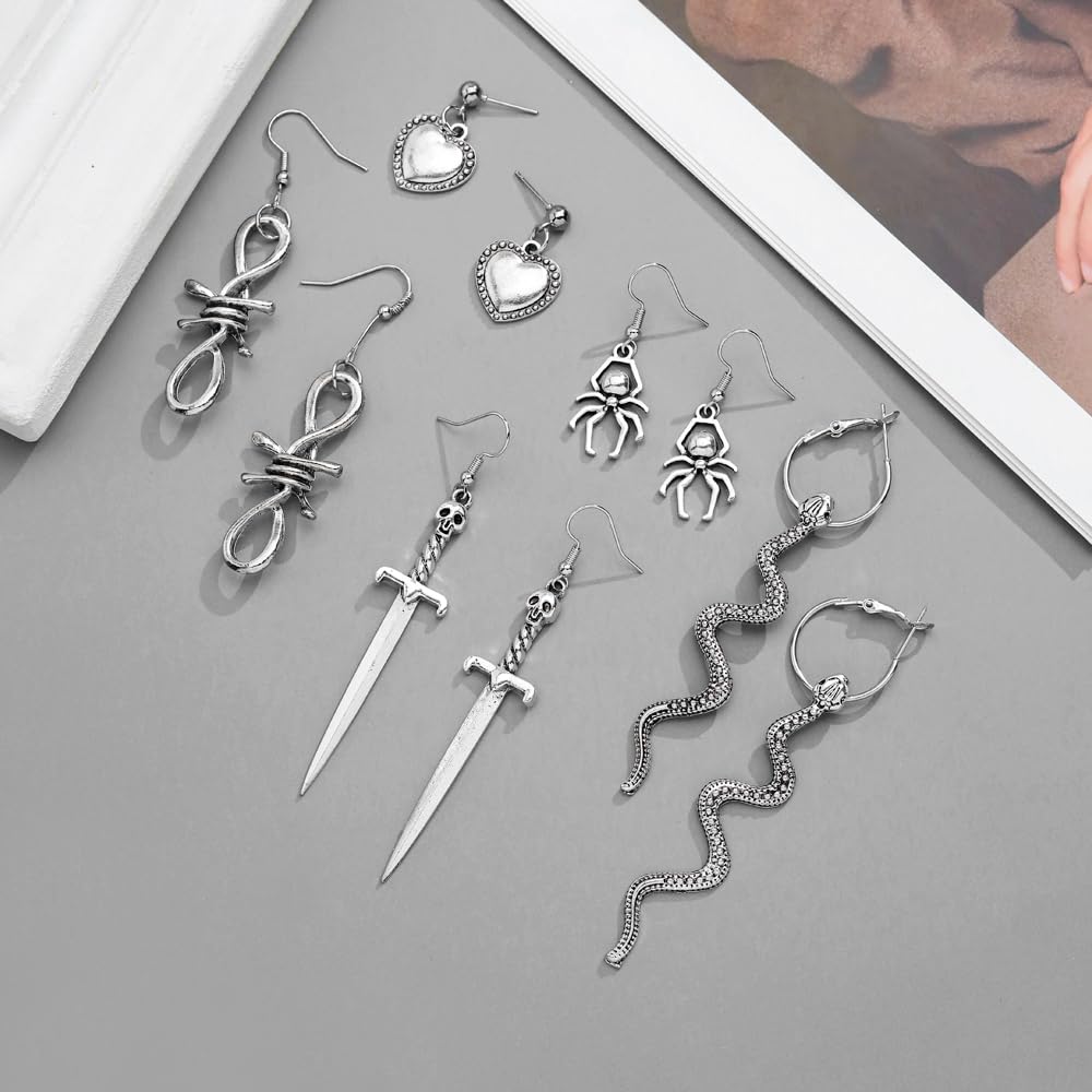 Halloween Gothic Earrings Set, Metal Punk Goth Vintage Silver Snake Spider Butterfly Dagger Dangle Drop Earrings for Women, Grunge Y2K Emo Jewelry Pack Party Costume Accessories (Style1)