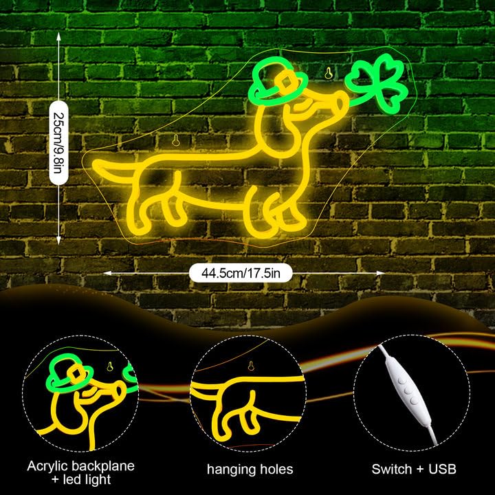 Looklight Shamrock Neon Lights Dog Sign Cute Dachshund With Hat Led Wall Decor  St Patricks Day Window Lights Puppy Sign For Coffee Bars  Birthday Gifts & Dog Lover Party Decorations