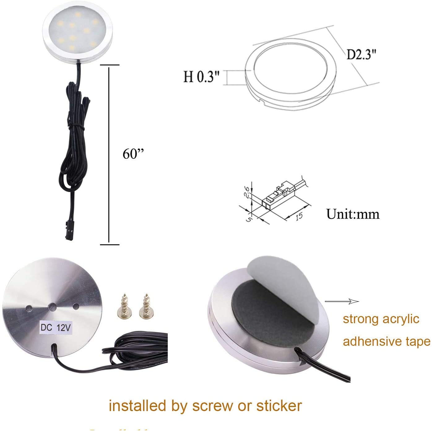 AIBOO Under Cabinet LED Puck Lights Kit, Touch Dimming Switch, 4 Lights, 6000K Daylight White, Model touch4-cw