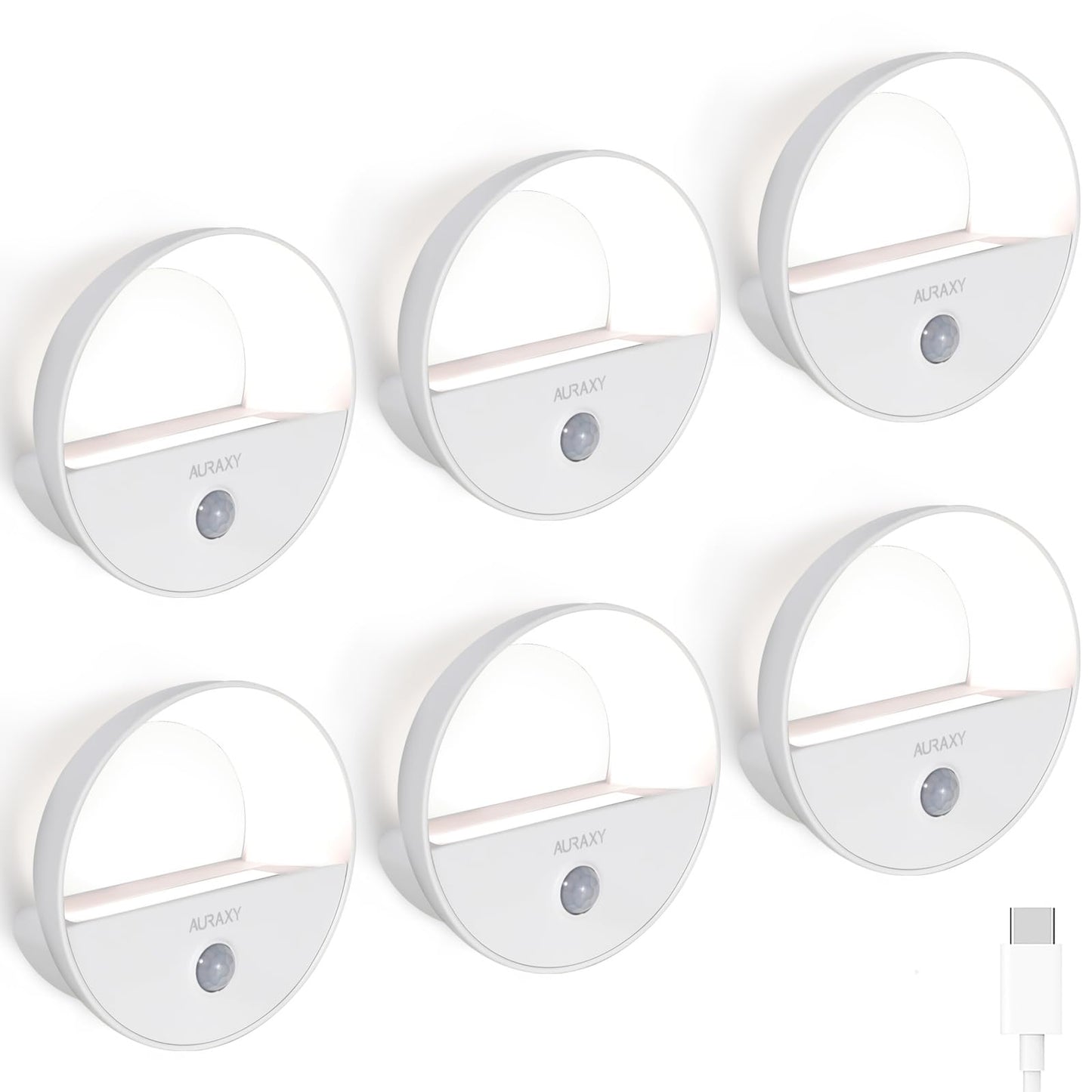 AURAXY Rechargeable Motion Sensor Night Light - LED Cool White, Magnetic, Dusk to Dawn Sensor, 6 Pack, Model INL7-W, White