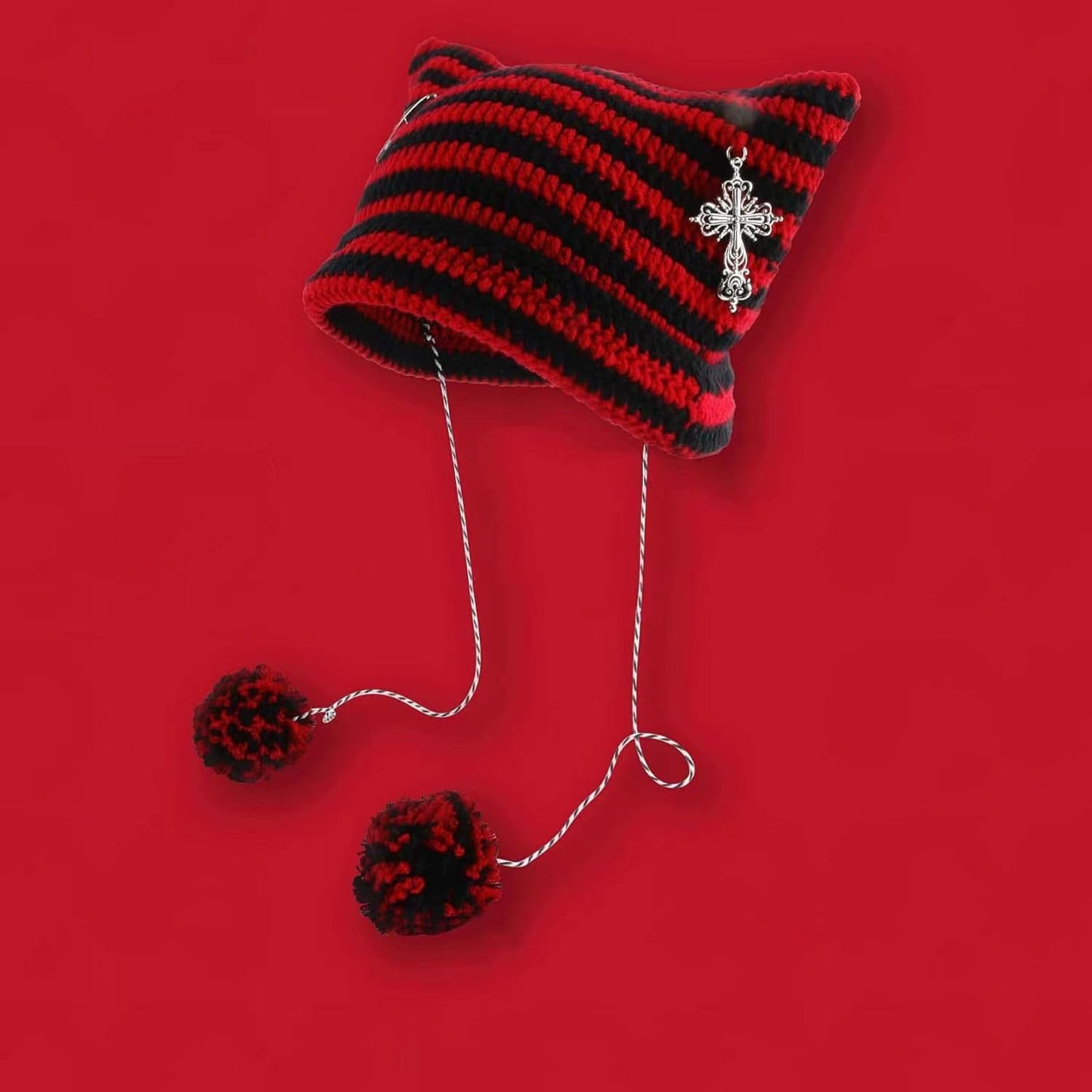 Y2k Beanies Crochet Knitted Cat Hats Goth Cross Devil Hat Striped Alt Emo Accessories Grunge Y2k Aesthetic Clothes (Red,One Size)