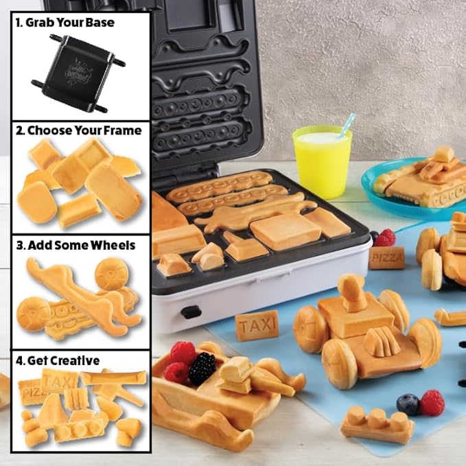 Auto Body Shop Waffle Maker- Mix & Match 20+ Custom Shaped Pieces to Build Cars Trucks or Vehicles Out of WAFFLES! Breakfast Fun for Kids Adults- Nonstick Quick Cleanup w 4 Removable Plates, Xmas Gift