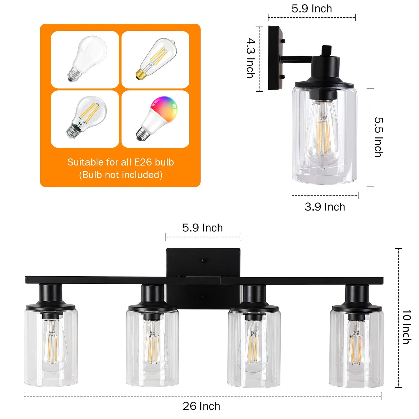 Litaddscen Matte Black Bathroom Light Fixtures Over Mirror 4-Light Bathroom Vanity Light With Clear Glass Shade Modern Farmhouse Wall Sconces Lighting For Mirror Kitchen Living Room Cabinet