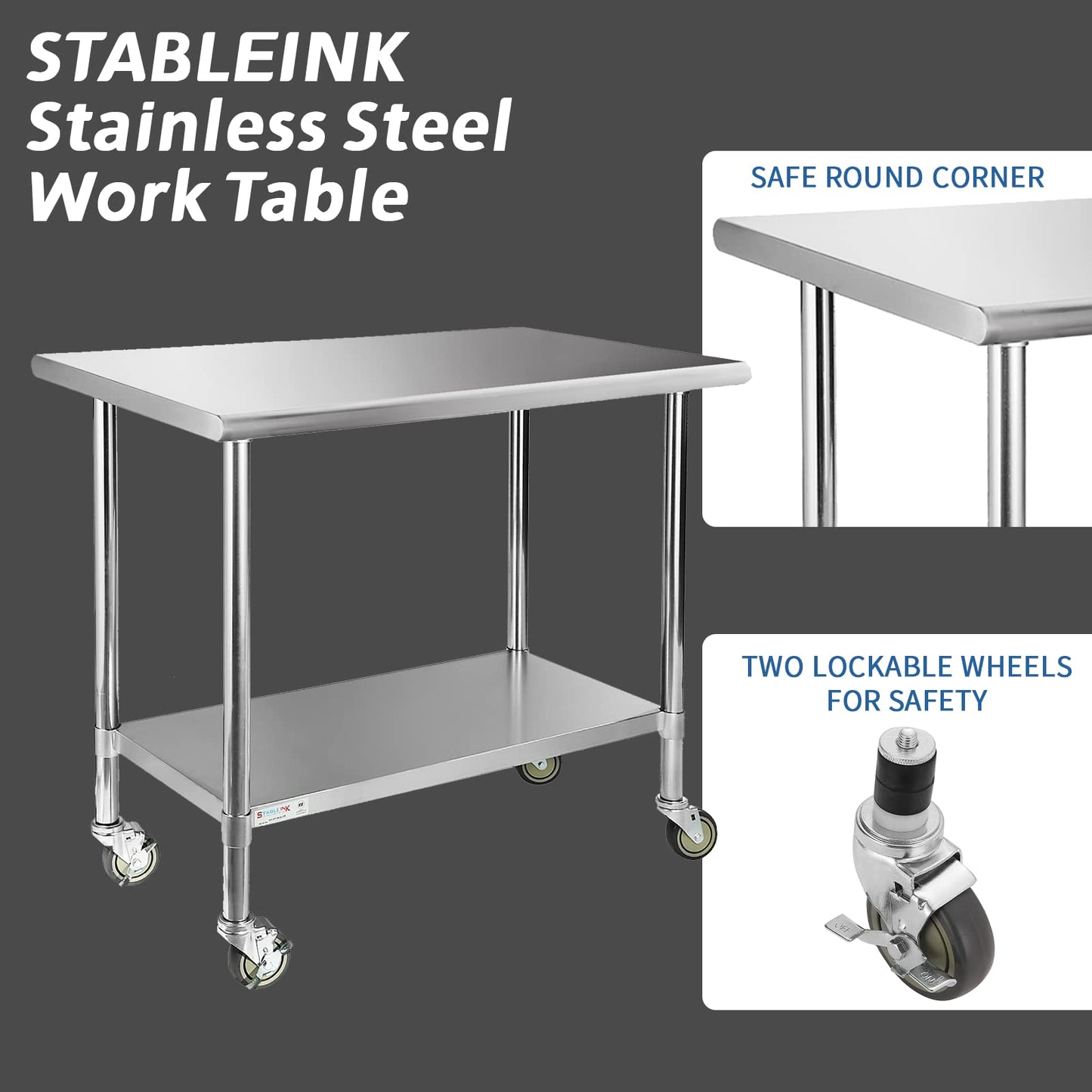 STABLEINK Stainless Steel Table with Wheels 24 x 30 Inches, NSF Commercial Prep & Workbench with Adjustable Undershelf and Casters, for Commercial Kitchen, Restaurant, Hotel,Laundry and Garage