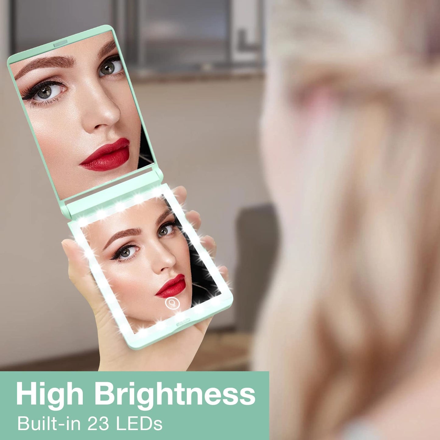WOBSION Lighted Compact Mirror, Rechargeable Travel Makeup Mirror with Light,1x/3x Magnifying,300Flip Folding Portable Mirror,Di