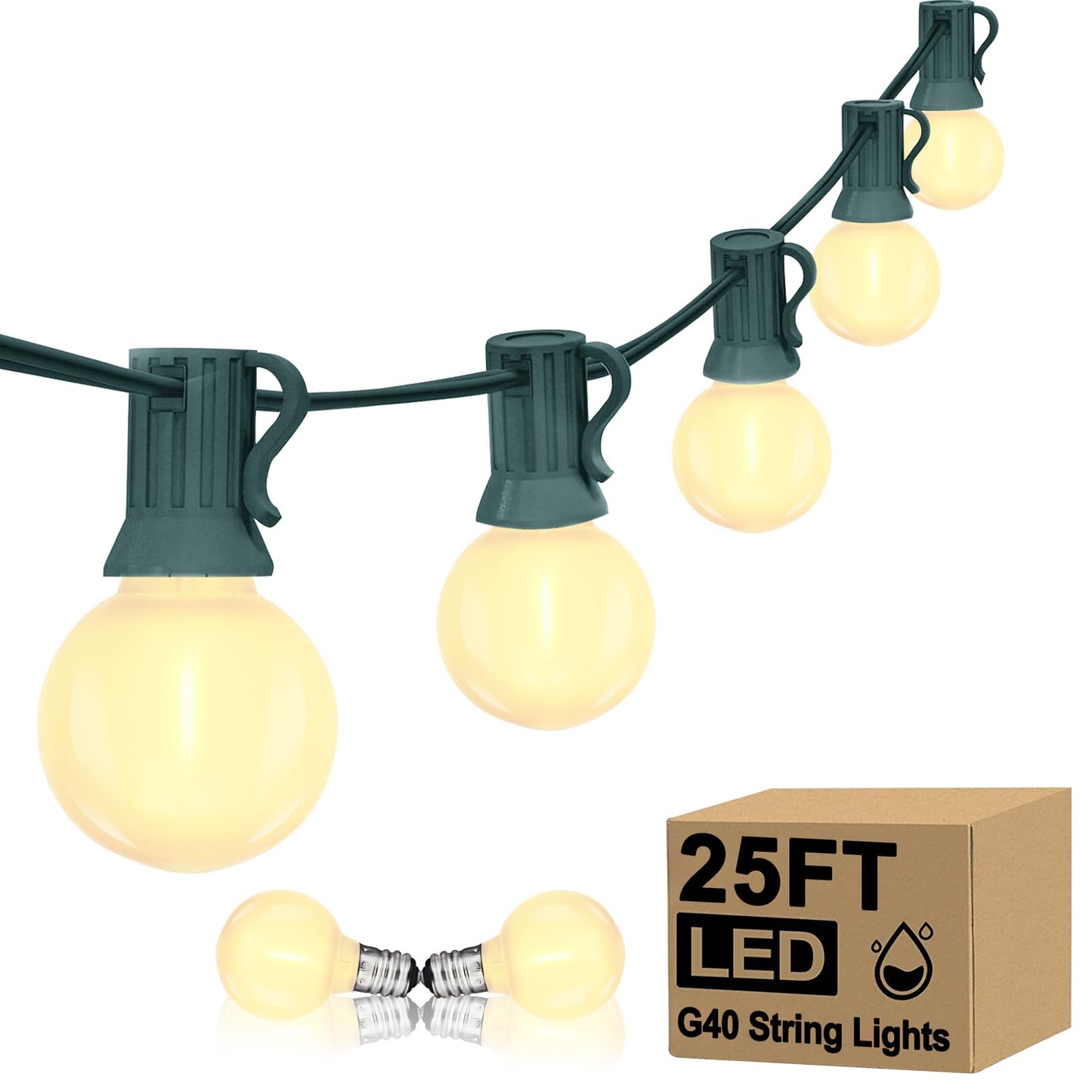 GOOTHY 25Ft Dimmable G40 LED Patio String Lights, Frosted White Globe Bulbs, Green Wire, Waterproof Outdoor Christmas Decorations