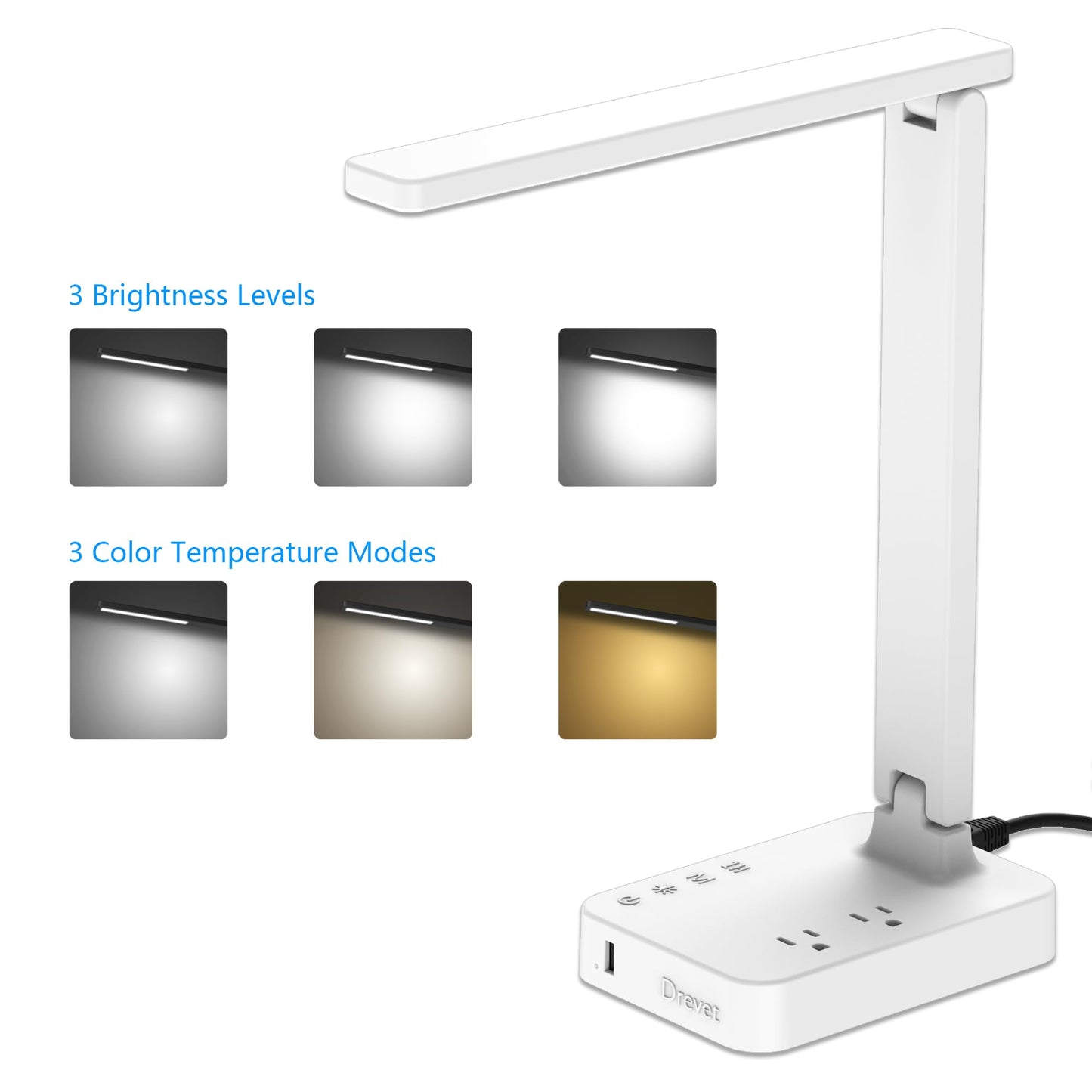 Drevet LED Desk Lamp with USB Charging Port, 2 AC Outlets, 3 Lighting Modes, Touch Control, Eye-Caring, White