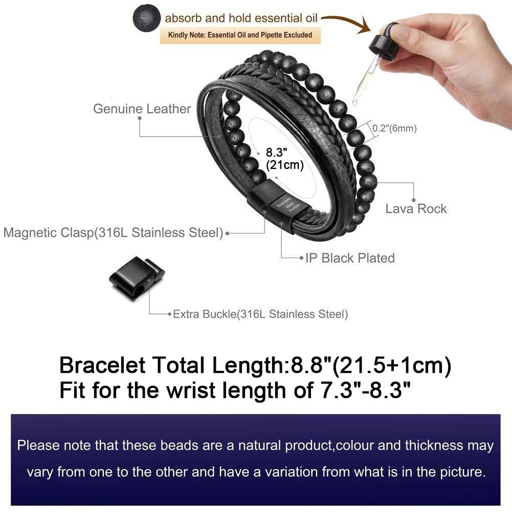 murtoo Mens Bead Leather Bracelet, Blue and Brown Bead and Leather Bracelet for Men (Black Bead)