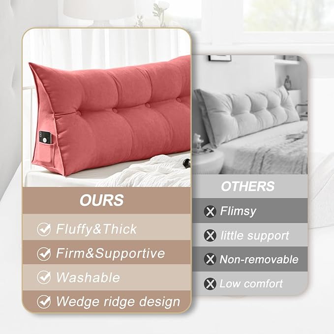 Large Triangular Headboard Pillows Long Backrest Positioning Support Bolster Cushion for Daybed Fluffy Quality Plush Body Wedge Pillow with Removable Cover(Rusty Red -Queen-59x8x20in)