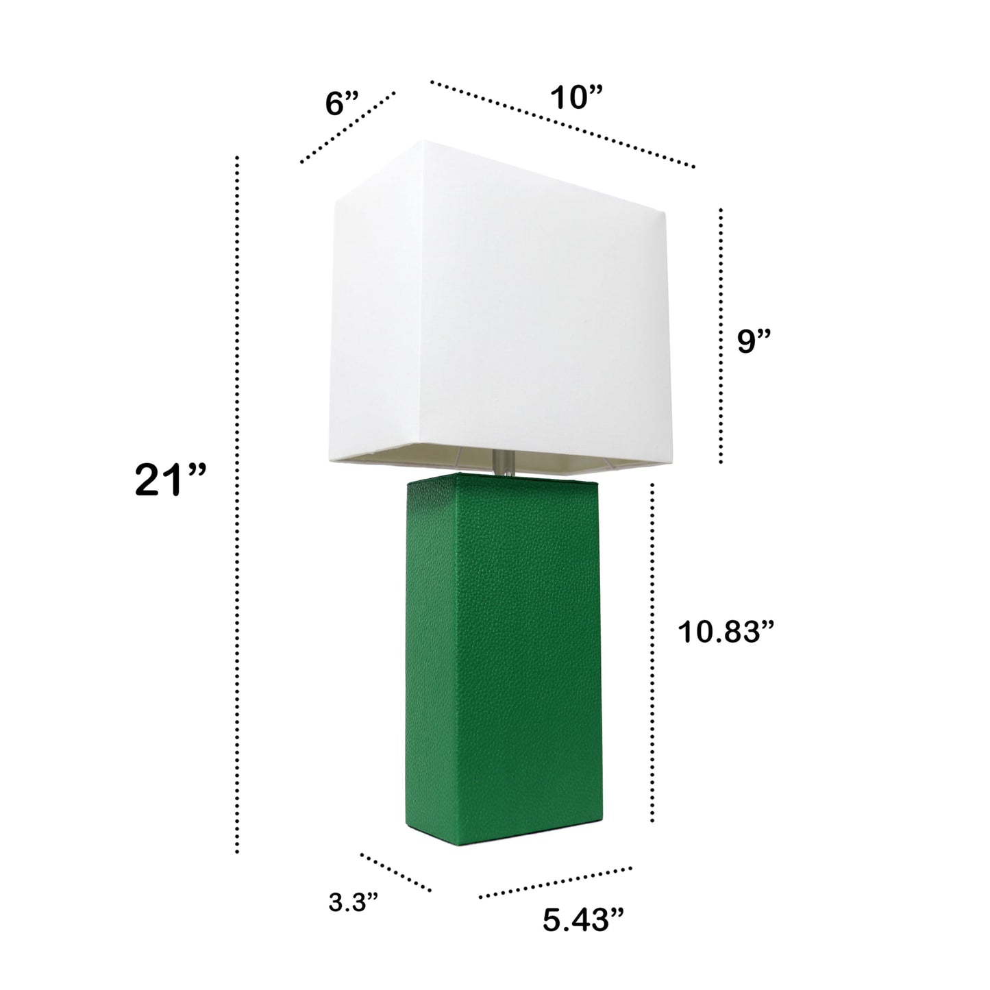 LALIA HOME Modern Bedside Table Lamp, 21in, Leather Base, White Fabric Shade, Green, Model LHT-3008