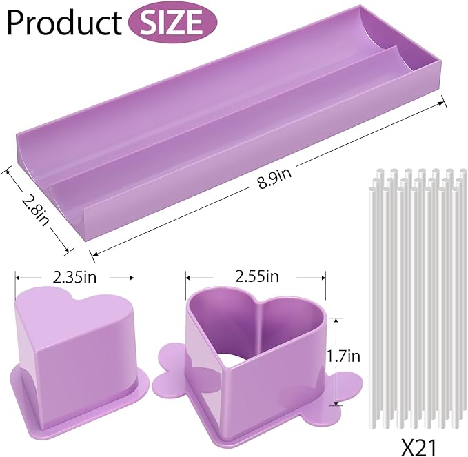 Heart Cake Pop Mold Set with 9 Inch Tray and Sticks, Circle Cake Pop Cutter and Pusher, Baking Molds Kit for Parties, Wedding,Home Desserts Making-Purple