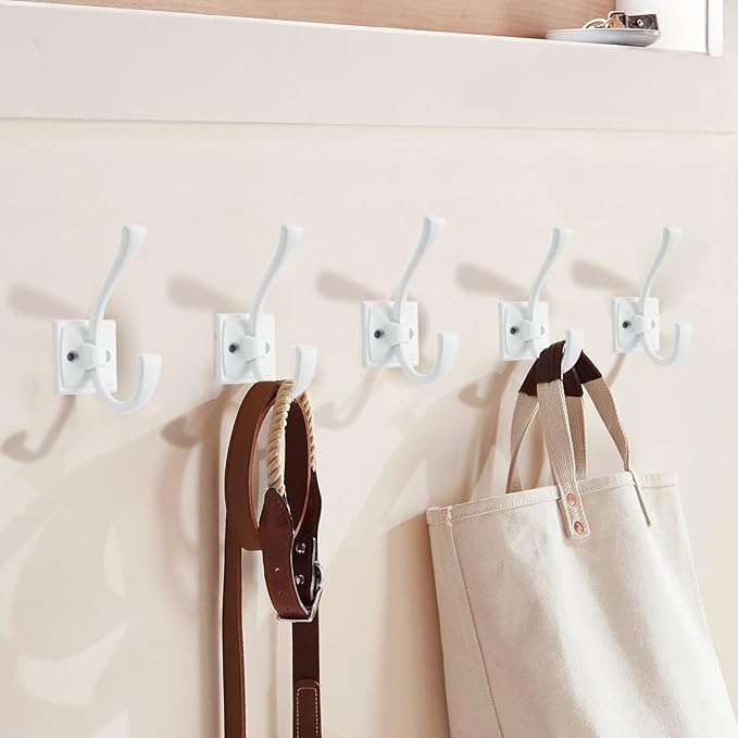 Large Wall Hooks 10 Pack White Coat Hooks Hardware Towel Hooks for Hanging Coats 4.35 Inch Double Robe Hooks Wall Mounted with Screws for Key, Towel, Bags, Cup, Hat