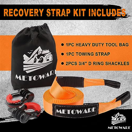 METOWARE Heavy Duty Tow Strap Recovery Kit - 3" x 20ft(35,000lbs) Tree Saver Winch Strap + 3/4" D Ring Shackles(2pcs) + St...