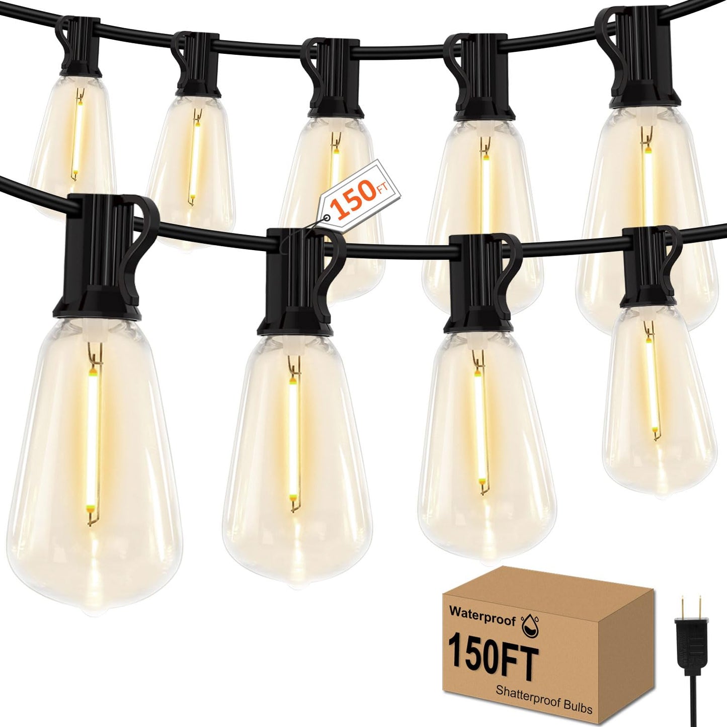 GHUSTAR 150FT LED Outdoor String Lights - Waterproof Vintage Edison Bulbs - Black Plug-in - Model CMC-O581