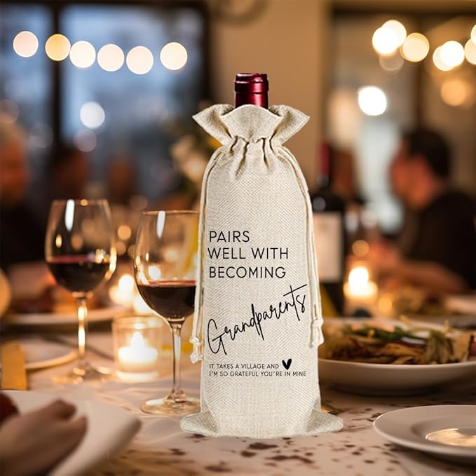 Qubereeree New Grandparent Gift, Pairs Well with Becoming Grandparent Gift, Baby Shower Wine Gift Bag Baby Announcement Pregnancy Reveal Gifts for Grandparent, New Grandpa Grandma to be Wine Bag