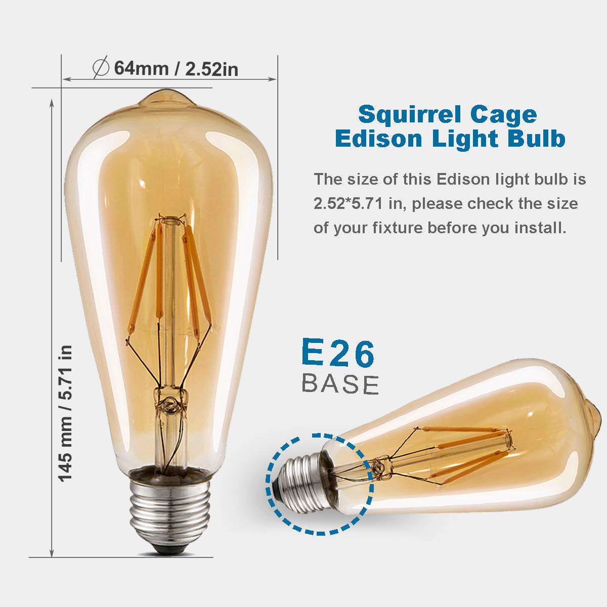 Luxon Dimmable Led Edison Bulbs, 4W (40W Equivalent), 2700K Warm White, St64 Amber Glass, E26 Base, Pack Of 4