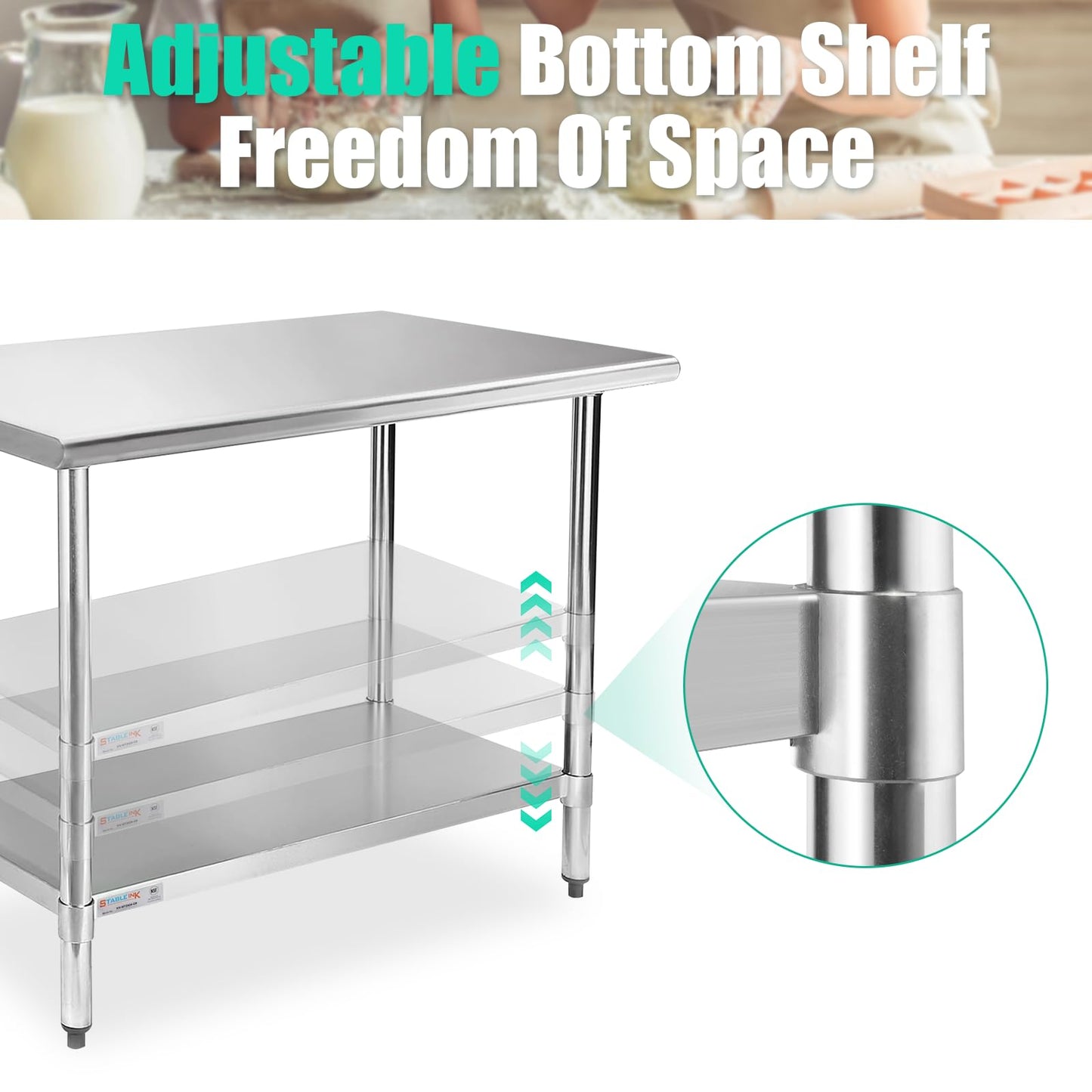 STABLEINK NSF Stainless Steel Prep Table, 30 x 48 Inches 4ft Metal Workbench with Adjustable Lower Undershelf, for Commercial Kitchen, Restaurant, Hotel, Laundry and Garage