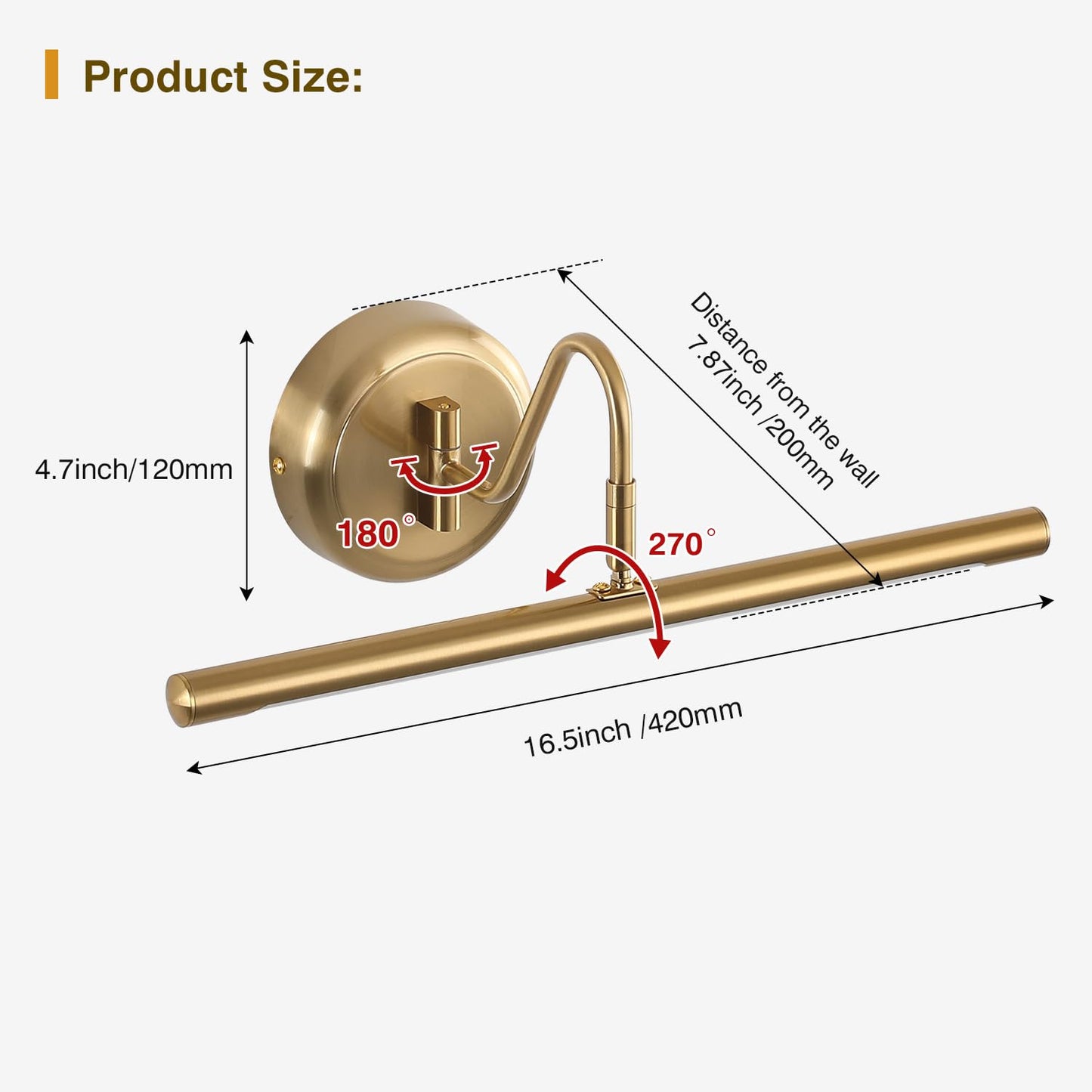 JOOSENLUX Picture Light LED Wall Lamp 16.5in Brass 9W 3000K Hardwired Swing Arm Model 7940