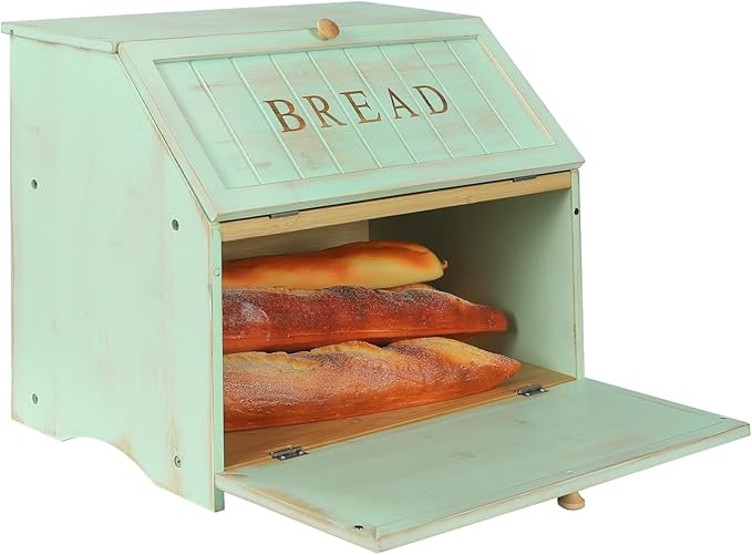 HOMEKOKO Double Layer Large Bread Box for Kitchen Counter, Retro Design Wooden Large Capacity Bread Storage Bin (Mint Green)