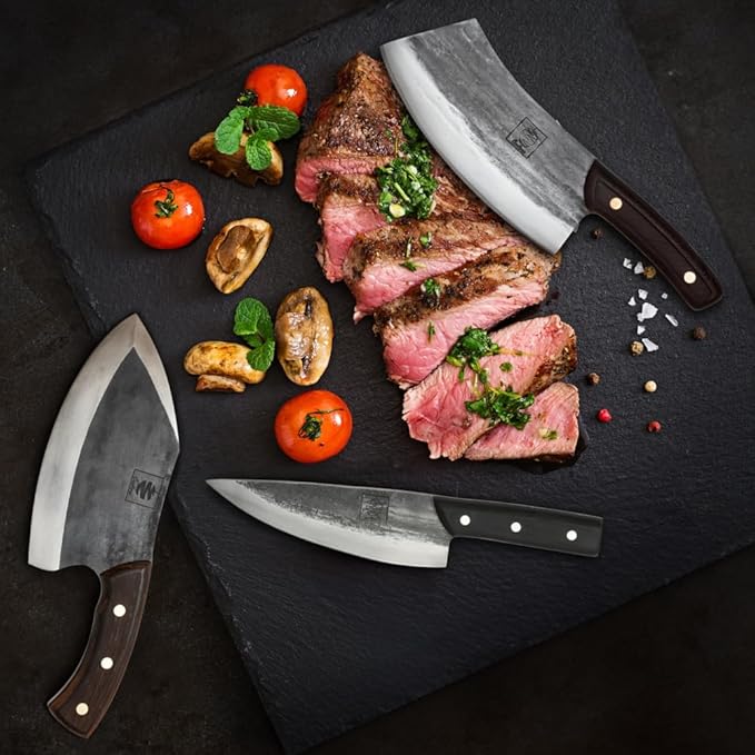 COOLINA Knife Set – Chef, Tungsten & Lixy Knives Bundle – 3-Piece Hand-Forged Carbon Steel Kitchen & BBQ Knives with Wooden Handles – Full Tang Butcher, Cleaver & Cooking Knife Set