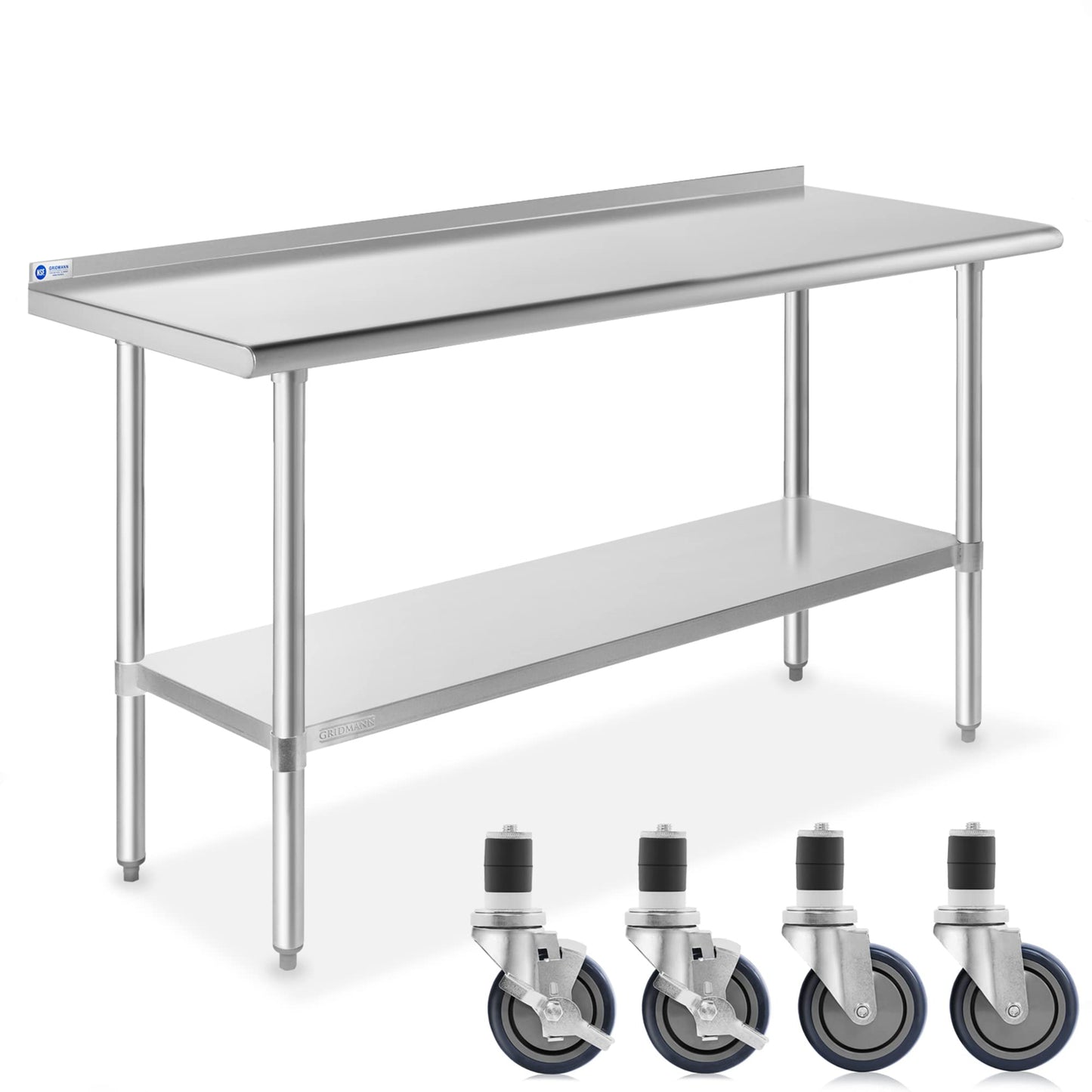 GRIDMANN Stainless Steel Table 60 in. x 24 in., NSF Commercial Kitchen Prep & Work Table w/Backsplash and Wheels