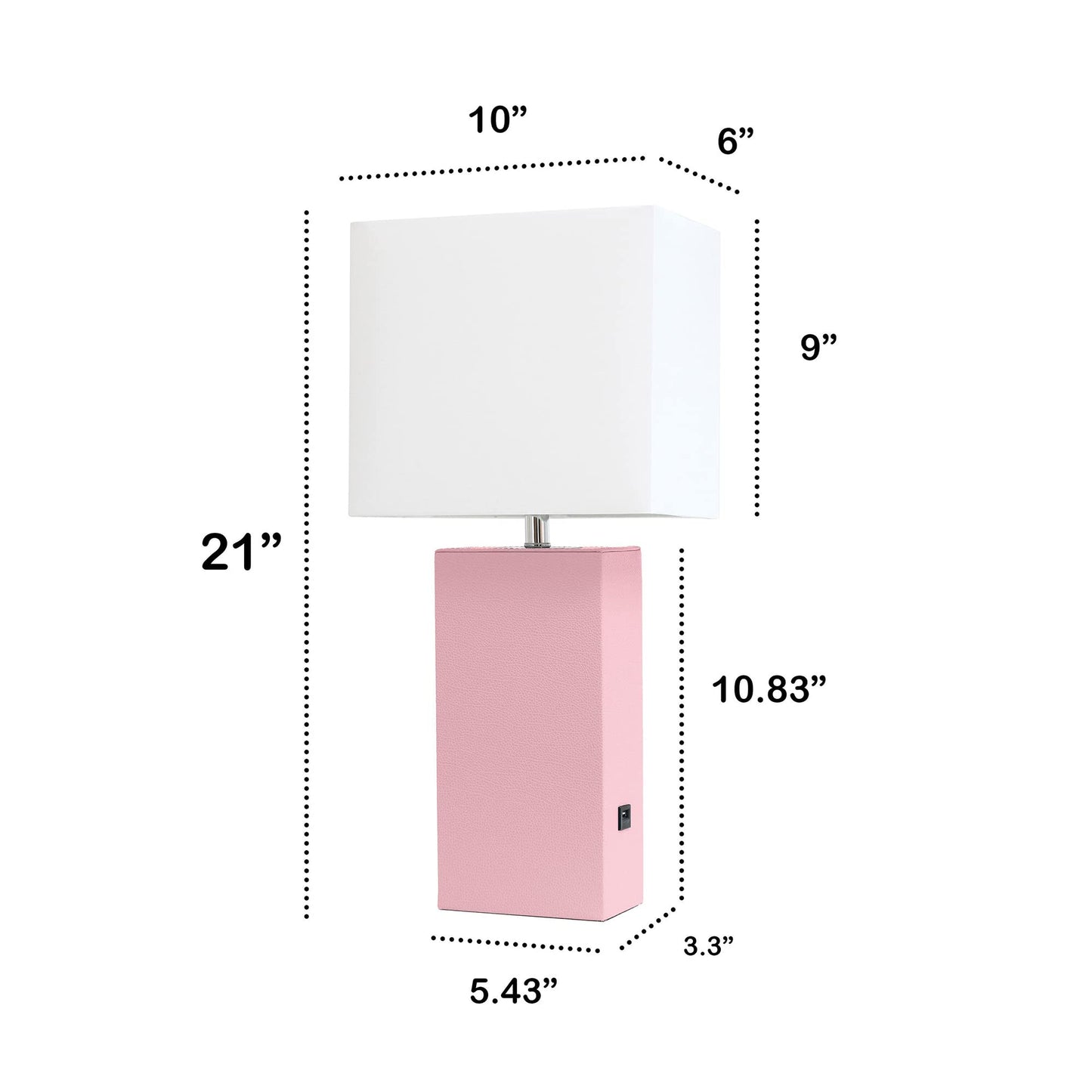 LALIA HOME Lexington 21in Leather Base Bedside Table Lamp with USB Charging Port, Pink, Model LHT-3012 Family