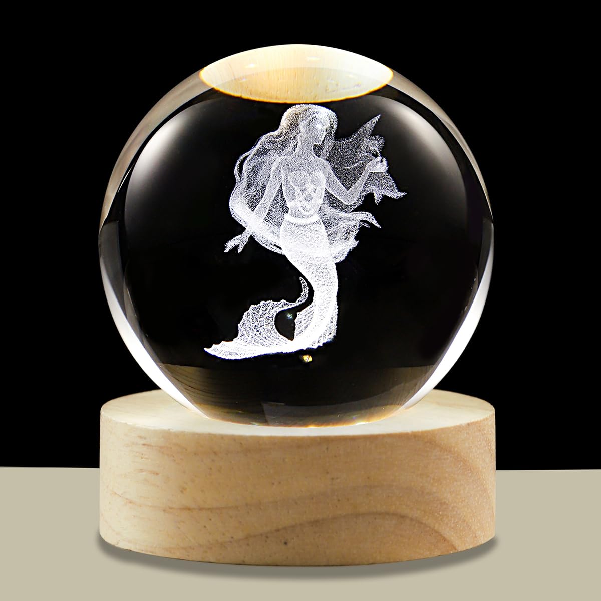Hochance 3D Mermaid Crystal Ball Lamp With Adjustable Brightness Led Wooden Base Night Light For Kids Teens mature-themeds Birthday Gift Home Desk Office Bedroom Decor (6Cm / 2.4 )