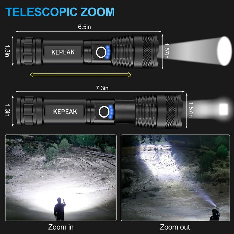 KEPEAK Rechargeable LED Flashlight, High Lumens, Zoomable, 5 Modes, Waterproof, Black, Model Yitiflashlight, 1 pcs