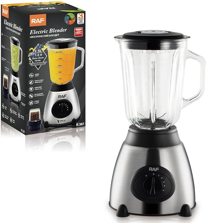 RAF Professional Electric Blender, 1000W Motor, 1.5L Glass Jar, Stainless Steel 6-Blade System, 12000RPM Power, BPA Free