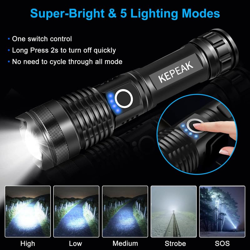 KEPEAK Rechargeable LED Flashlight, High Lumens, Zoomable, 5 Modes, Waterproof, Black, Model Yitiflashlight, 1 pcs